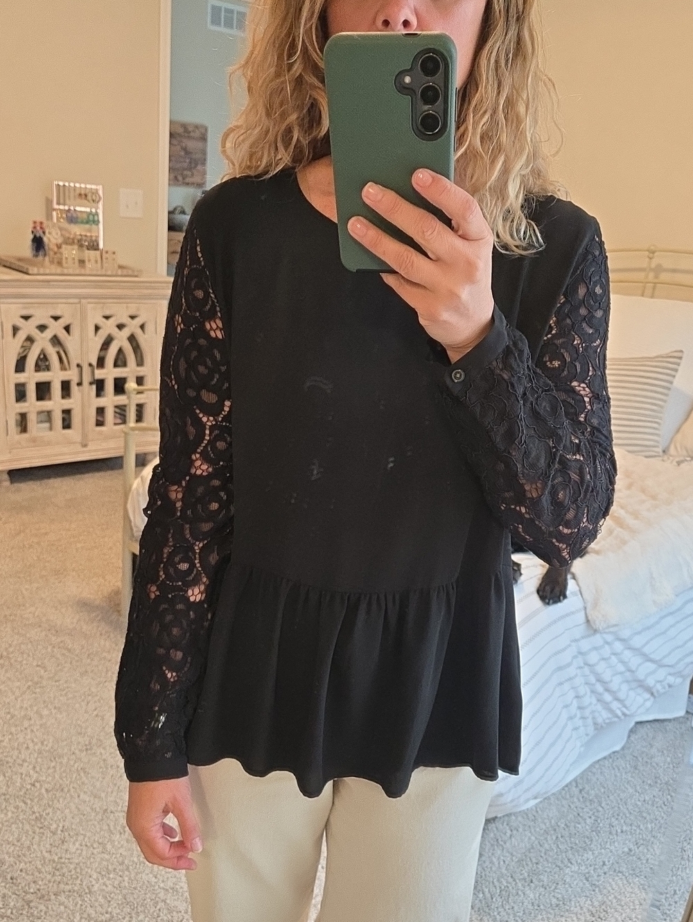 LOFT Black Lace Sleeve Peplum Top